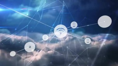 Kablosuz ağ ve telefon simgesi bağlantılarını göstererek, bulutların üzerinde başlatılan dairesel düğüm. Teknoloji, bağlantı, dijital, gelecek, yenilik, siber uzay, kablosuz