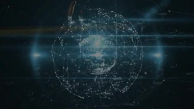 Erkek basketbolcu holografik kürenin üzerine çıkıp spor analizi için salya akıtıyor. Futbol, dijital, fütüristik, teknoloji, hareket, dinamik, kentsel