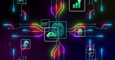 İşlemci karesi çevrimleri simgelere bağlıyor, bağlantıyı göstermek için parmak izi verileri atılıyor. Teknoloji, yenilik, dijital, yapay zeka, bağlantı, veri görselleştirme, siber güvenlik