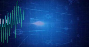 Hafifçe parlayan titreşim başlatılan çubuklar, morumsu çizgiyle beyin anahatlarını senkronize ediyor. Sinirsel, veri, teknoloji, yenilik, dijital, görselleştirme, geleceksel