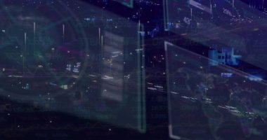 Canlı hisse senedi verilerini gösteren, gece şehir karayolu üzerinde piyasa grafiklerini gösteren yüzen dijital paneller. Fütüristik, kentsel, veri görselleştirme, teknoloji, gece vakti, zeka, hareket