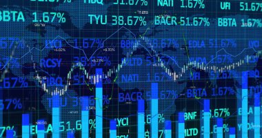 Haritayı ticaret ekranında, saatlerle ve şamdanlarla kaplayan dijital tablo gösteriliyor. Finansal, analitik, veri, teknoloji, yatırım, dijital, kuruluş