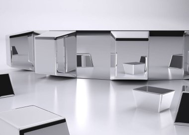 Büyük metalik blok, yansıtıcı halka platformundaki şekillerin arasında duruyor. Geometrik, soyut, fütürist, parlak, modern, minimalist, yansıtıcı