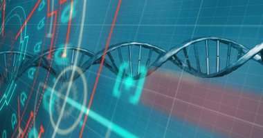 Mavi ızgara üzerinde yüzen DNA çift sarmal, neon veri çizgileri, dairesel arayüz, kırmızı akımlar gösteriyor. Fütüristik, teknoloji, dijital, yenilik, bilim, veri görselleştirme, sanal