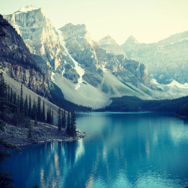 Beautiful snow capped mountain and lake