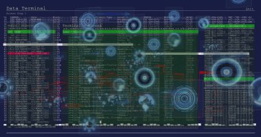 Sanal ekranda veri terminali arayüzü gösteriliyor, giriş tabloları ve HUD kaplamaları var. Teknoloji, siber güvenlik, arayüz, görselleştirme, dijital, analitik, yenilik