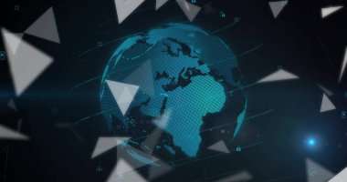 Çizgiler, üçgen şekiller, asma kilit ve bulut simgeleriyle karanlık ağda dönen mavi dünya küresi. Teknoloji, siber güvenlik, dijital, fütüristik, ağ, yenilik, soyut