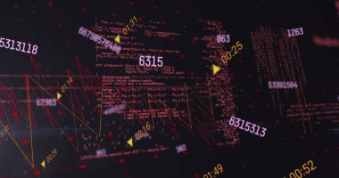 Dijital ızgaraya yansıyan soyut küme, kırmızı düğümler sarı oklarla görüntüleniyor. Veri, teknoloji, yenilik, dijital, analitik, fütüristik, ağ