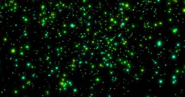 Soyut dijital boşluk boyunca yeşil ve cyan parlak parçacıklar yayarak ışık lekeleri gösteriyor. Biyolüminesans, fütürizm, kozmik, minimalizm, dijital sanat, soyut, ışıltı