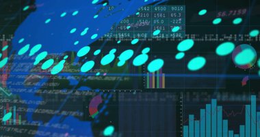 Karanlık arayüz üzerinde turkuaz veri noktaları gösteriliyor, kod, tablolar, tablolar, dünya haritaları gösteriliyor. Analizler, görselleştirme, arayüz, teknoloji, dijital, istatistik, gösterge paneli