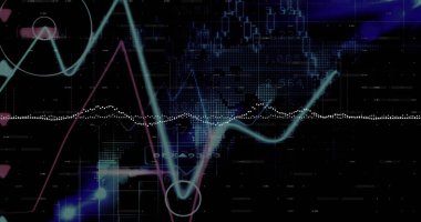 Gösterge panelinde titreşen cyan dalga formunu gösteriyor, noktalı beyaz çizgi, pembe üçgen dalga formu. Teknoloji, veri, analitik, görselleştirme, dijital, soyut, gelecekçilik