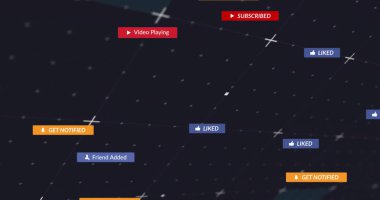 Karanlık ağ ızgarası boyunca sürüklenen yüzen bildirim etiketleri, SUBSCRIBED ve LIKED alarmları. Teknoloji, siber güvenlik, fütüristik, dijital arayüz, iletişim, bağlantı