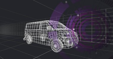 Üç boyutlu çalışma alanında, mor HUD arayüzlü, şebeke düzleminde oturan kablo karavan modeli gösteriliyor. 3D tasarım, görselleştirme, dijital modelleme, fütüristik, teknoloji, arayüz, sanal ortam