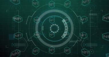 Merkezi dairesel HUD ögesi NFT altıgen ızgarası ile holografik ekranda kod gösteriliyor. Gelecek, teknoloji, arayüz, veri, dijital, siber, yenilik