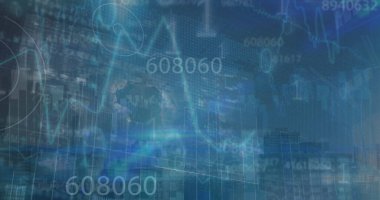 Gün batımında şeffaf çizelgeler ve saatlerle şehrin ufuk çizgisini kaplayan finansal örtüler gösteriliyor. Finansal, teknoloji, veri, analitik, kentsel, yenilik, dijital