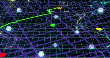 Dijital haritada parlayan altıgen simgeleriyle neon yeşil ızgara çizgileri takip ederek hedef işaretleyiciyi hareket ettiriyor. Siber uzay, veri görselleştirme, teknoloji, bağlantı, yenilik, gelecekçilik, dijital manzara