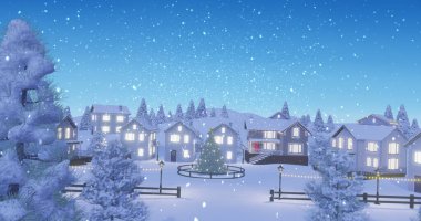 Köy meydanındaki ahşap çitlerin içinde çam ağaçlarıyla süslenmiş aydınlatma direkleri. Kış, şenlikli, rahat, manzara, büyüleyici, tatil, büyülü