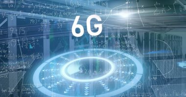 Sunucu raflarıyla veri merkezinde parlayan holografik 6G etiketi ve dairesel arayüz. Teknoloji, yenilik, dijital, geleceksel, altyapı, ağ oluşturma, siber güvenlik