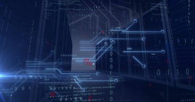 Merkezi sunucuyu aydınlatmak, banyodaki veri merkezi koridorunu mavi renkte, ikili kod örtüleriyle donatır. Teknoloji, siber güvenlik, yenilik, dijital, ağ, altyapı, fütürist