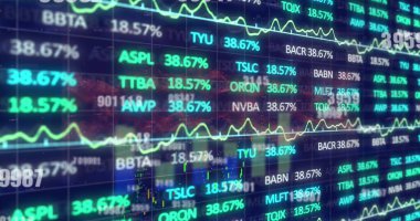 Kalem sembolleri ve yüzdelerle ekranda veri ızgarası örtüşen çizgi grafikleri gösteriliyor. Teknoloji, finans, analitik, görselleştirme, yenilik, yatırım, dijital