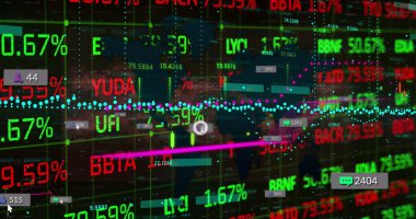 Gösterge paneli, ızgarada işaretli semboller, yüzdeler, morumsu trend çizgisi ile canlı veri gösteriliyor. Teknolojiler, veri görselleştirme, analitik, dijital arayüz, finans, yenilik, modern