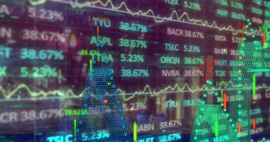 Neon çizelgelerini ve grafiklerini yüzdelerle gösteren arayüz, ticaret terminalindeki şebekede. Teknoloji, finans, analitik, dijital, fütüristik, yatırım, ön panel