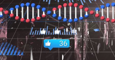 Analiz ızgarasında DNA sarmalı ve çubuk çizelgeleriyle mavi başparmaklar gösteriliyor. Veri, görselleştirme, fütüristik, teknoloji, bilgi, arayüz, dijital