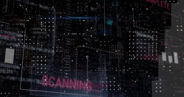 Sanal HUD 'de tarama arayüzü gösteriliyor, eflatun rengi SCANNING etiketi ve dalgalı ışık izleri var. Gelecek, dijital, teknoloji, arayüz, veri, görselleştirme, siber