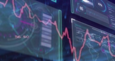 Kontrol odası panellerinde dairesel göstergelerle kırmızı dalgalanan çizgi grafiği. Teknoloji, yenilik, veri görselleştirme, fütürizm, analitik, dijital arayüz, siber