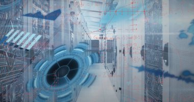 Veritabanı koridorundaki koridora kadar uzanan koridor, sunucu rafları, dijital örtüler. Teknoloji, veri, siber güvenlik, altyapı, dijital, ağ oluşturma, geleceksel