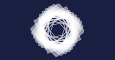 Merkezi motif, şeffaf beyaz karelerle soyut dijital tuval üzerinde dönüyor. Geometrik, soyut, modern, minimalist, dijital sanat, simetri, görsel yanılsama