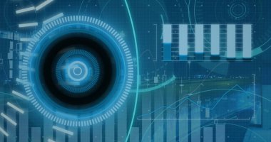 Mavi ızgara üzerinde dönen eş merkezli daire HUD gösteriliyor, küçük radyal göstergelerle, boşluğu kopyala. Fütürist, dijital, arayüz, holografik, veri, görselleştirme, teknoloji