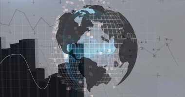 Veri düğümü simgeleri ve bar çizelgeleri ile dijital arkaplanda sürüklenen dönen stilize dünya. Teknoloji, küreselleşme, veri görselleştirme, yenilik, analitik, dijital, iletişim