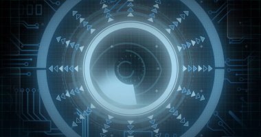 Karanlık dijital ızgara üzerinde dönen dairesel HUD görüntüleme, eşmerkezli halkalar ve devre hatları. Fütürist, arayüz, teknoloji, siber güvenlik, sanal, dijital, yenilik