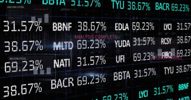 Veri izleme ekranı, devre grafikleriyle yüzde değerlerini ve kalp kodlarını gösteriyor. Teknoloji, analitik, fütüristik, gösterge paneli, finans, dijital, arayüz