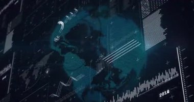 Teal ızgarası üç boyutlu küre oluşturan noktaları yavaş yavaş güncelleyerek ve çubuk grafiklerini doldurarak döndürüyor. Fütüristik, veri görselleştirme, teknoloji, dijital arayüz, analitik, küresel, yenilik