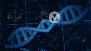 Dönen DNA sarmalı tarama parçacığı ve halkaları ağ tanıtımı için kullanıcı simgelerini birbirine bağlıyor. Biyoteknoloji, veri görselleştirme, dijital, fütüristik, bağlantı, yenilik, bilim