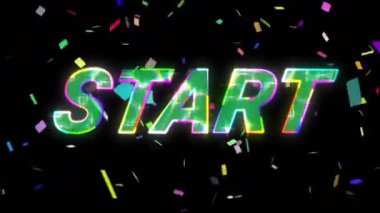 Düşen konfeti neon ışığı saçar START ana hatları titreşir, renk genişler ve renk yayar kutlama için. Animasyon, dijital, kutlama, gece hayatı, fütüristik, grafik tasarımı, canlı