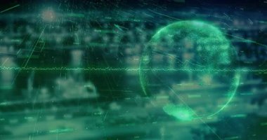 Dalga biçimi kesişme merkezi yeşil küre başlatırken okumalar veri çizgileri oluştururken parlıyor. Fütürist, dijital, soyut, teknoloji, veri görselleştirme, neon, holografik