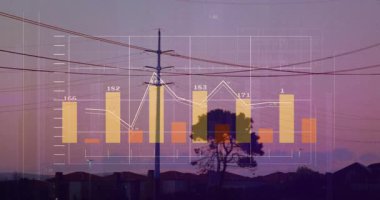 Kamera olay yeri çubuklarını tararken ve kuleler artarken, alacakaranlık enerjisi üzerinde kaplama azalıyor. Teknoloji, altyapı, veri görselleştirme, siluet, simülasyon, kentsel manzara, modernizasyon