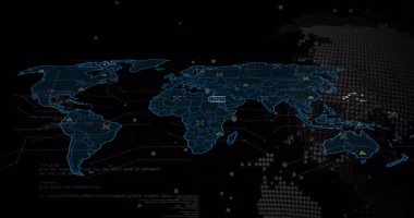 Ekran açılışı düz dünya haritası ana hatlarını gösteren ve büyüyü birleştiren HUD veri oluşturan semboller. Teknoloji, veri görselleştirme, dijital arayüz, fütürizm, bilgi grafikleri, ağlar, analitik