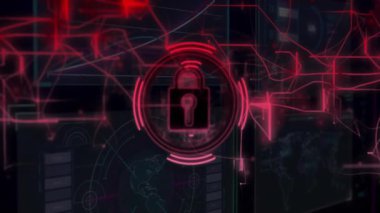 Kırmızı devre titreşimli paneller asma kilidi çalıştırıyor. Büyütüyor ve ağ güvenli bir arayüz oluşturuyor. Siber güvenlik, dijital, güvenlik, koruma, teknoloji, ağ, veri