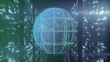 Tünel panelleri turkuaz küreye neden oluyor. Parıldıyor ve kod akımlarıyla çalışıyor. Teknoloji, siber güvenlik, yenilik, dijital, fütüristik, veri görselleştirme, soyut