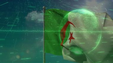 Cezayir bayrağını yakalayan hafif bir rüzgar ve ağ büyümesini gösteren yeşil veri hatları. Bayrak, dijital, teknoloji, ağ, veri, soyut, vatanseverlik