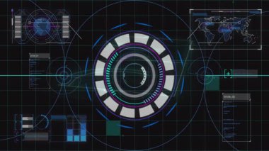 Kısmi HUD halkası açılıyor. sürgülü dünya ve kayan harita ile tam dönüş başlıyor. Futuristik, teknoloji, arayüz, veri, analitik, dijital, siber