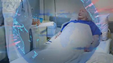 Holografik dünya kayması bir yana, doktorun hayati organları kontrol ettiğini ve hastaya detaylı tedavi uyguladığını gösteriyor. Sağlık, teletıp, dijital, tıbbi, son sınıf, profesyonel, teknoloji