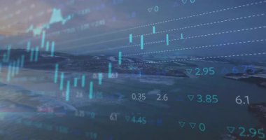 Veri toplamak için şamdanlarla, bar çizelgeleriyle ve dairelerle finansmana başlayan kıyı şeridi. Denizci, analitik, modern, teknoloji, finansal, ilerici, görselleştirme