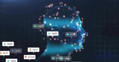 3 boyutlu kafa şebekede maddeleşiyor. İşaretleme başlatılıyor ve simgeler döndürülüyor. Büyüyen bağlılık. Dijital, yenilik, teknoloji, analitik, siber güvenlik, fütüristik, sanal