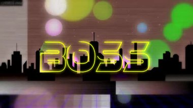 Titrek neon ana hatları BOSS 'un oluşumuna başlıyor. Retro siluette, elmas çerçeveli çakma ışıklar yanıp sönüyor. Neon, dijital, fütüristik, parlak, soyut, kentsel, canlı