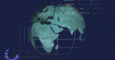 Gösterge panelinde, borsa değerleri güncellenirken ve grafikler piyasa eğilimlerini gösterirken 3D dünya dönüyor. Teknoloji, finans, veri görselleştirme, analitik, simülasyon, dijital arayüz, hareket